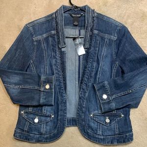 Chain trim detail Denim Jacket by White House Black Market.  3/4 sleeve.